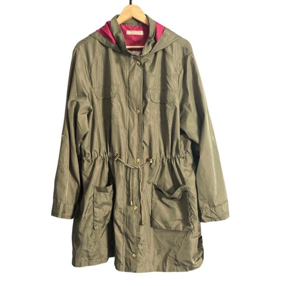 Anthology Women's Hooded Drawstring Parka Jacket Olive Green Pink Lined Size 20